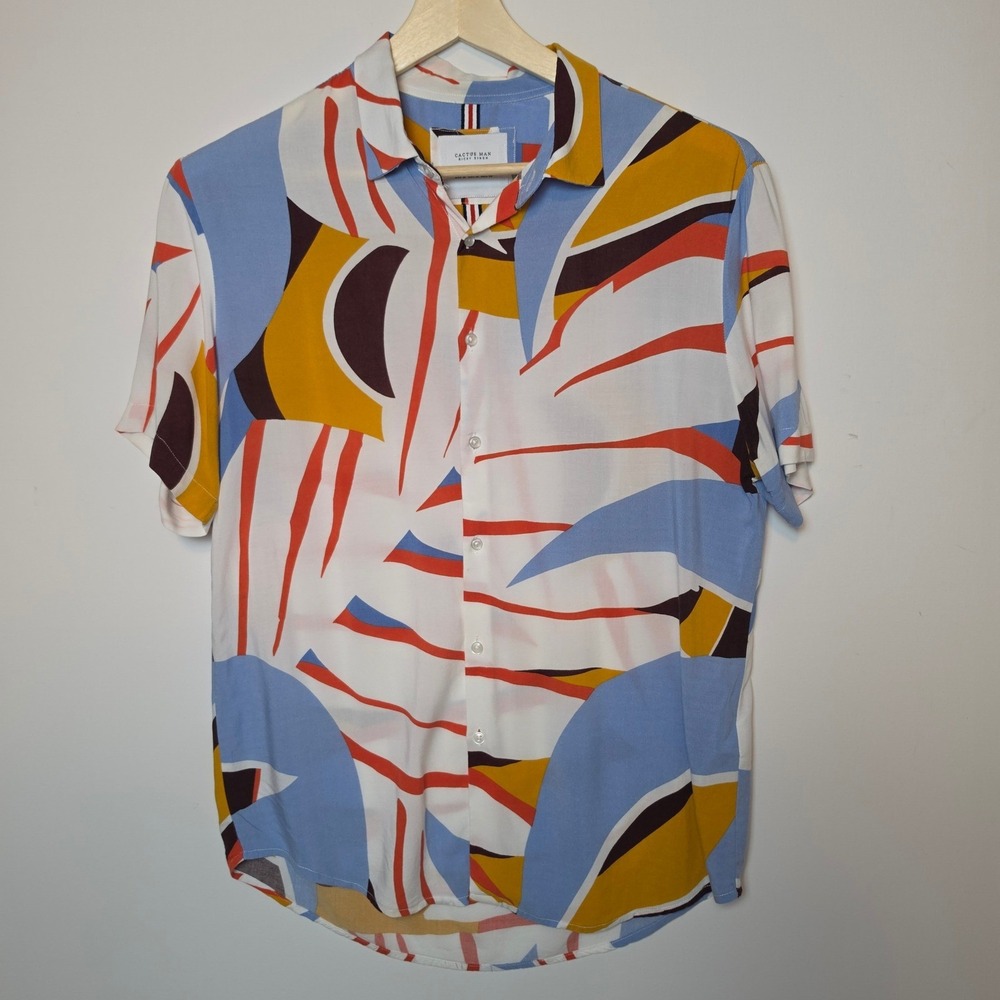 Cactus Man Geometric Print Short Sleeve Viscose Button Down Shirt Medium